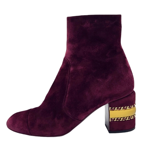 CHANEL CC Logo Cap Toe Suede Boots Double Stack Chain Burgundy 36.5 G36655 - Picture 3 of 16